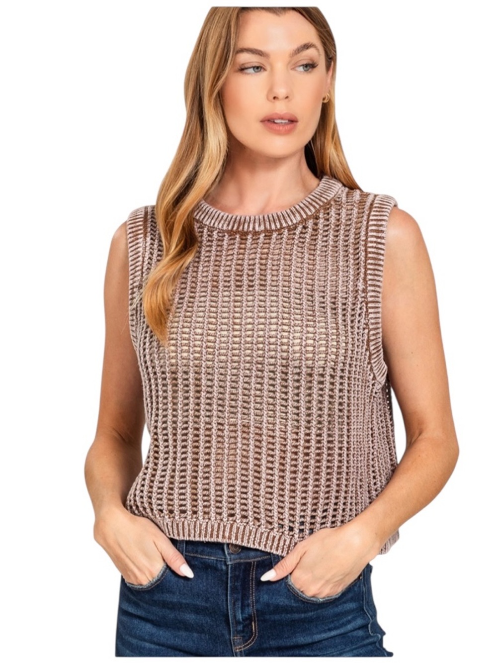 Zenana Camel Open Knit Sleeveless Top